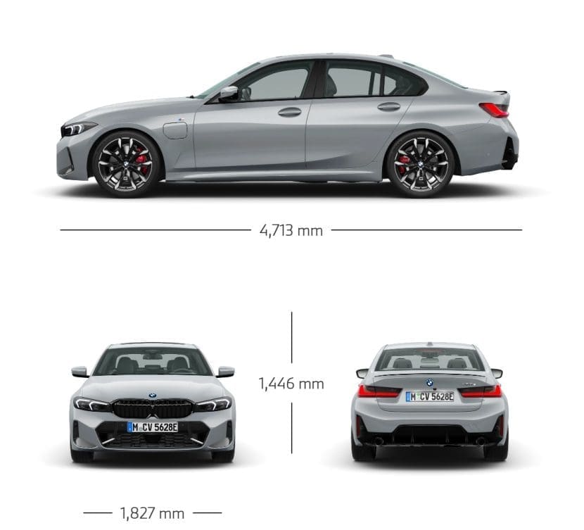 Bmw 330e M Sport 20262 | ยางรถยนต์ ราคาอัปเดต 2026 ครบทุกยี่ห้อ รวมยาง Ev | Autotirechecking Side view of a silver BMW sedan, length 4,713 mm, with visible red brake calipers behind sporty wheels.