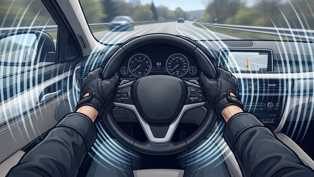 Img2988 | ยางรถยนต์ ราคาอัปเดต 2026 ครบทุกยี่ห้อ รวมยาง Ev | Autotirechecking Driver's perspective: hands on a steering wheel with a digital dashboard and navigation screen, blue waves indicating driver-assist technology.