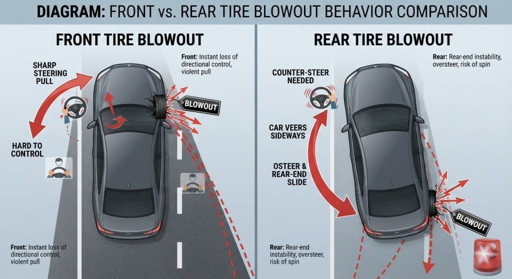 Img2989 | ยางรถยนต์ ราคาอัปเดต 2026 ครบทุกยี่ห้อ รวมยาง Ev | Autotirechecking Diagram comparing front vs rear tire blowout behavior, noting loss of control with front blowout and oversteer/instability with rear blowout.