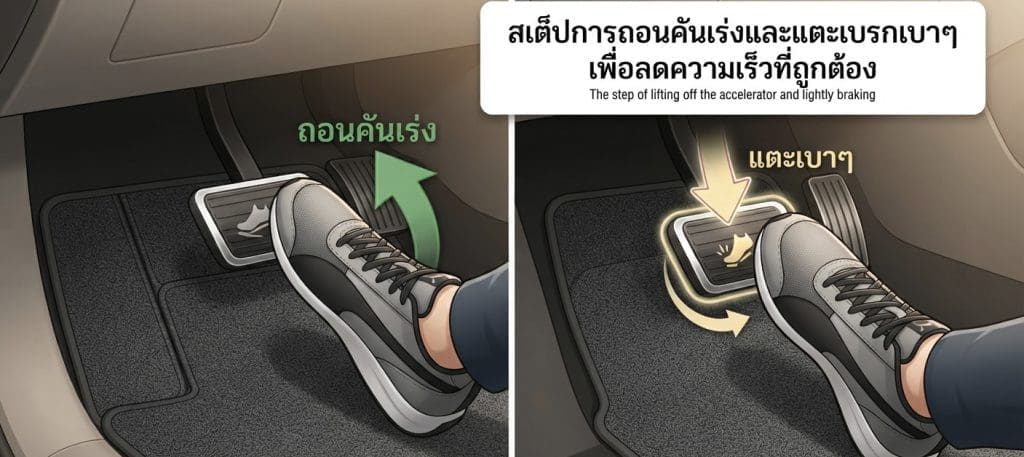 Img2991 | ยางรถยนต์ ราคาอัปเดต 2026 ครบทุกยี่ห้อ รวมยาง Ev | Autotirechecking Two-panel driving tip: left panel—foot lifting off the accelerator; right panel—foot lightly pressing the brake to slow down.