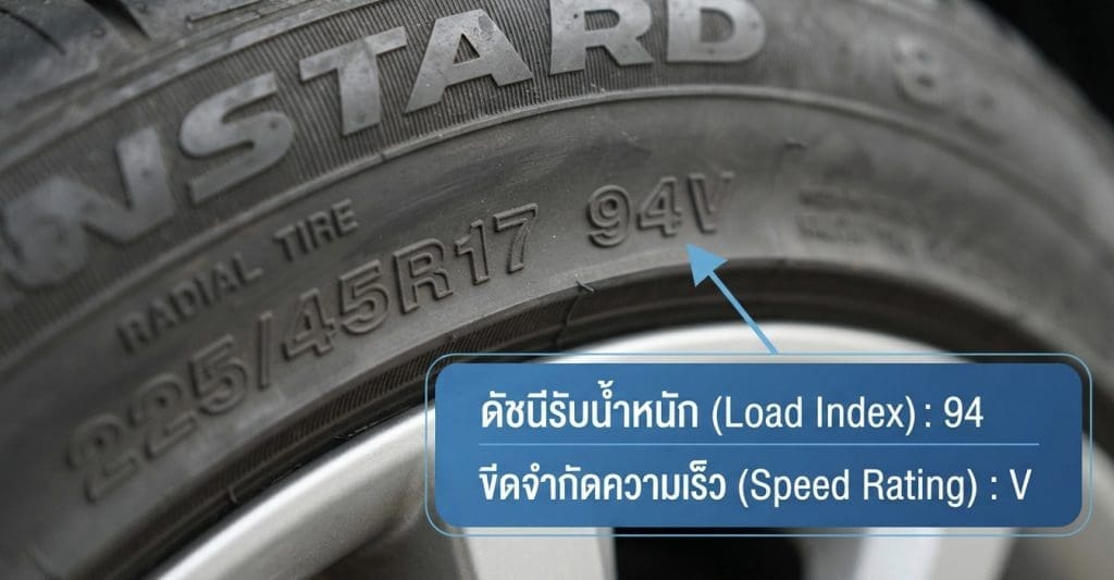 Img3002 | ยางรถยนต์ ราคาอัปเดต 2026 ครบทุกยี่ห้อ รวมยาง Ev | Autotirechecking Close-up of tire sidewall displaying size 265/45R17 and load index 94 with speed rating V (Thai labels shown).