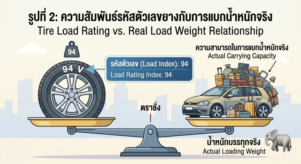 Img3003 | ยางรถยนต์ ราคาอัปเดต 2026 ครบทุกยี่ห้อ รวมยาง Ev | Autotirechecking Infographic comparing tire load index 94 to actual loading weight, showing a scale with a tire on the left and a heavily loaded car on the right labeled 'Load Index: 94' and 'Actual Carrying Capacity'