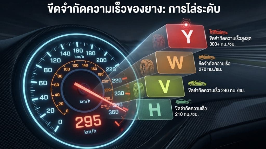 Img3004 | ยางรถยนต์ ราคาอัปเดต 2026 ครบทุกยี่ห้อ รวมยาง Ev | Autotirechecking Dashboard speedometer glowing at 295 km/h, with four colored blocks labeled Y, W, V, H showing tire speed ratings and Thai captions on the right.