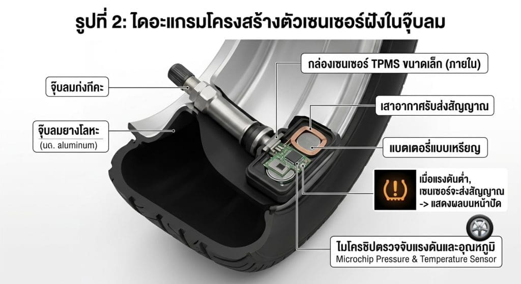 Img3012 | ยางรถยนต์ ราคาอัปเดต 2026 ครบทุกยี่ห้อ รวมยาง Ev | Autotirechecking Cross-section view of a TPMS tire sensor inside a wheel, showing the battery, circuit board, and pressure/temperature sensor.