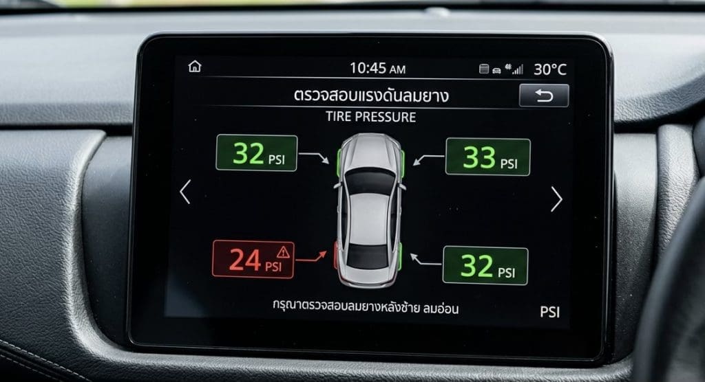 Img3015 | ยางรถยนต์ ราคาอัปเดต 2026 ครบทุกยี่ห้อ รวมยาง Ev | Autotirechecking Dashboard display of a car's tire pressure monitoring system showing four tire pressures: front-left 32 PSI (green), front-right 33 PSI (green), rear-left 24 PSI (red, low), rear-right 32 PSI (green); Thai labels and English 'TIRE PRESSURE' text on screen.
