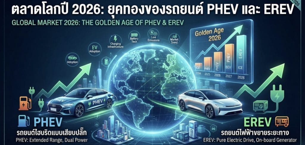 Img3024 | ยางรถยนต์ ราคาอัปเดต 2026 ครบทุกยี่ห้อ รวมยาง Ev | Autotirechecking Global market 2026: Golden Age of PHEV & EREV — two electric cars drive toward a glowing globe with rising charts and icons.