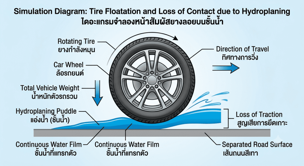 Simulation diagram showing tire hydroplaning: tire riding on water with loss of contact to the road and a separating water film beneath the tire.