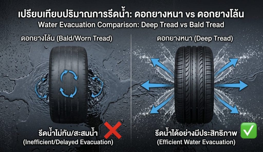 Comparison of tire treads: left shows worn bald tread causing inefficient, delayed water evacuation; right shows deep tread enabling efficient water evacuation.