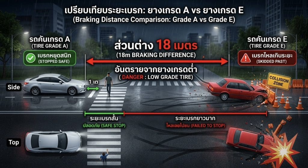 Img3041 | ยางรถยนต์ ราคาอัปเดต 2026 ครบทุกยี่ห้อ รวมยาง Ev | Autotirechecking Infographic comparing Grade A vs Grade E braking: gray car stops safely (green stamp) while red car skids past, with an 18 m braking distance shown and a pedestrian crossing.