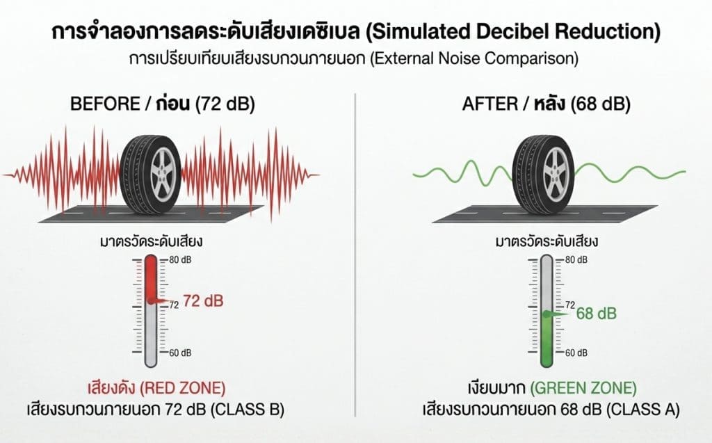 Img3042 | ยางรถยนต์ ราคาอัปเดต 2026 ครบทุกยี่ห้อ รวมยาง Ev | Autotirechecking Comparison of simulated decibel reduction: 72 dB before (red zone) vs 68 dB after (green zone) with a tire on the road.