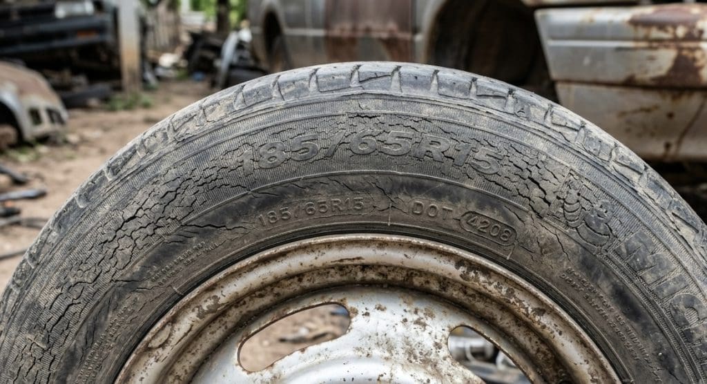 Img3097 | ยางรถยนต์ ราคาอัปเดต 2026 ครบทุกยี่ห้อ รวมยาง Ev | Autotirechecking Close-up of a dirty, worn tire on a rusted wheel in a junkyard, sidewall shows 165/65R15.