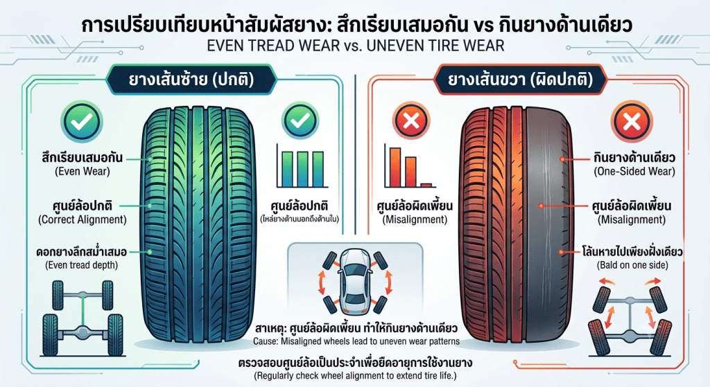 Img3098 | ยางรถยนต์ ราคาอัปเดต 2026 ครบทุกยี่ห้อ รวมยาง Ev | Autotirechecking Left: tire with even wear and proper alignment; right: tire with uneven wear and misalignment indicators, showing one-sided wear across the tread graphic.