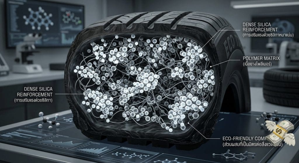 Cross‑sectioned tire showing internal materials: dense silica reinforcement, polymer matrix, and an eco‑friendly composite, labeled in a lab setting.