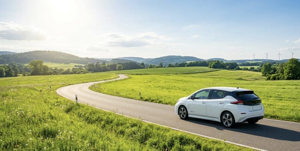 White hatchback driving on a winding country road through green fields and distant hills with wind turbines on the horizon.