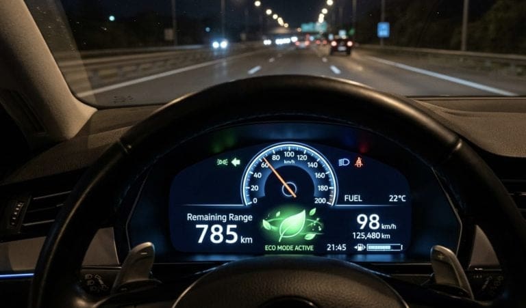 Car dashboard at night showing eco mode, 785 km remaining range, and speed 98 km/h on a highway.