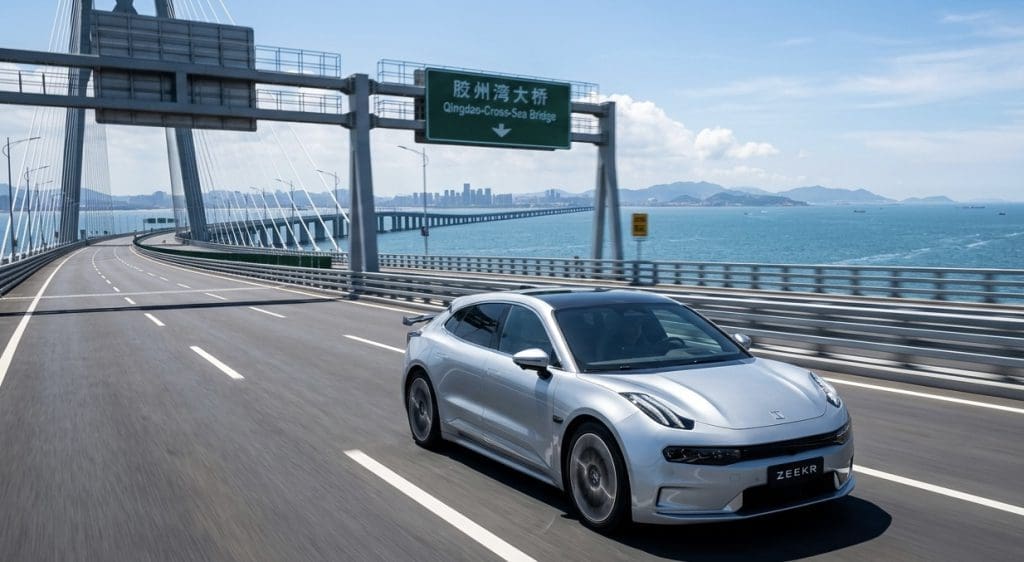 Silver sedan driving on a coastal bridge with the blue sea and skyline in the distance, overhead sign visible.