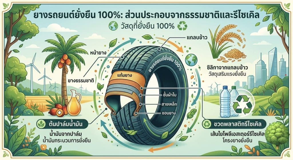 Img3144 | ยางรถยนต์ ราคาอัปเดต 2026 ครบทุกยี่ห้อ รวมยาง Ev | Autotirechecking ภาพข้อมูลอธิบายยางรถยนต์ที่ทำจากวัสดุธรรมชาติและรีไซเคิล 100% แสดงส่วนประกอบและวงจรการหมุนเวียน