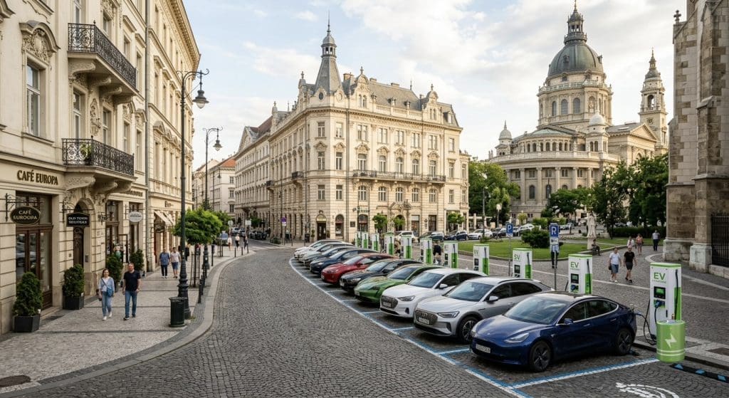 Img3167 | ยางรถยนต์ ราคาอัปเดต 2026 ครบทุกยี่ห้อ รวมยาง Ev | Autotirechecking Cobbled city street with historic buildings and a row of electric cars parked at charging stations on the right side, near a café on the left.