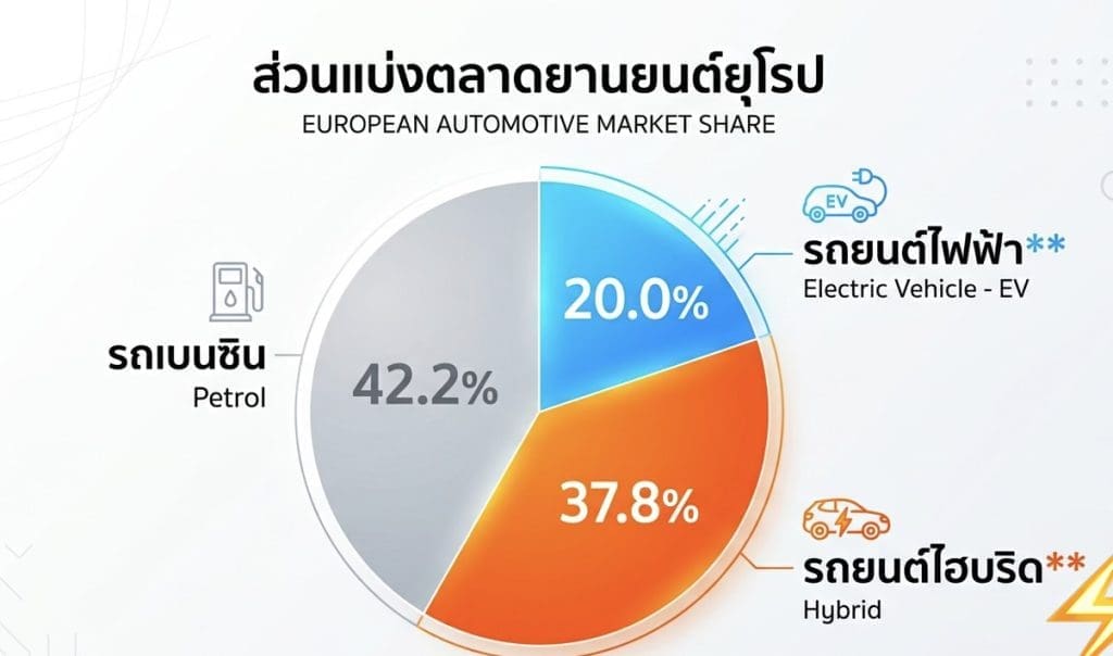 Img3168 | ยางรถยนต์ ราคาอัปเดต 2026 ครบทุกยี่ห้อ รวมยาง Ev | Autotirechecking Pie chart titled 'European Automotive Market Share' showing fuel-type shares: Petrol 42.2%, Hybrid 37.8%, Electric Vehicle 20.0%.