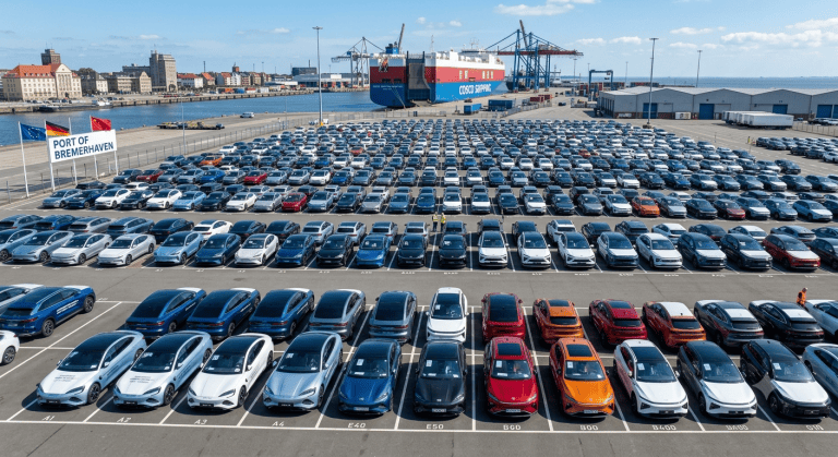 Rows of parked cars at the Port of Bremerhaven, with a cargo ship and cranes in the harbor behind them.