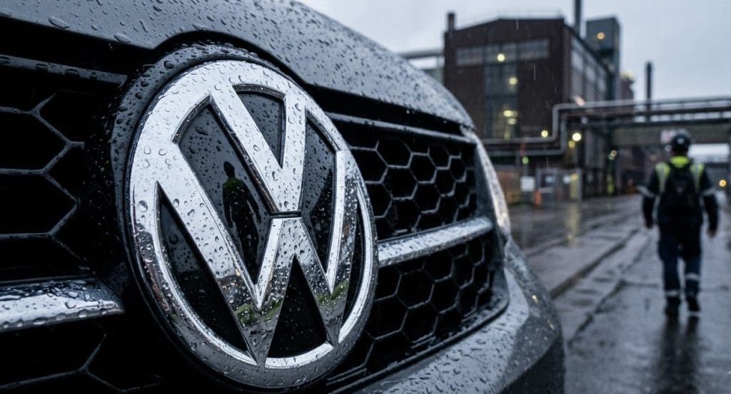 Img3241 | ยางรถยนต์ ราคาอัปเดต 2026 ครบทุกยี่ห้อ รวมยาง Ev | Autotirechecking Front grille of a VW car with a large chrome VW emblem, raindrops on the surface and industrial buildings in the background.