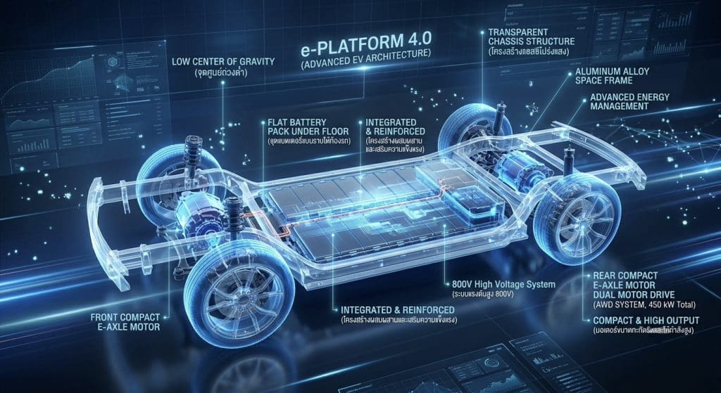 Holographic diagram of an e-platform EV chassis labeled with components like flat battery underfloor, integrated & reinforced frame, and high voltage system (e-Platform 4.0).