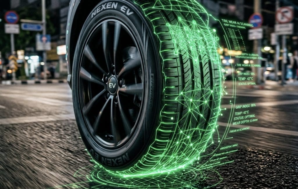 Smart tire with a glowing green digital grid around the tread, illustrating intelligent vehicle tire technology on a city street.