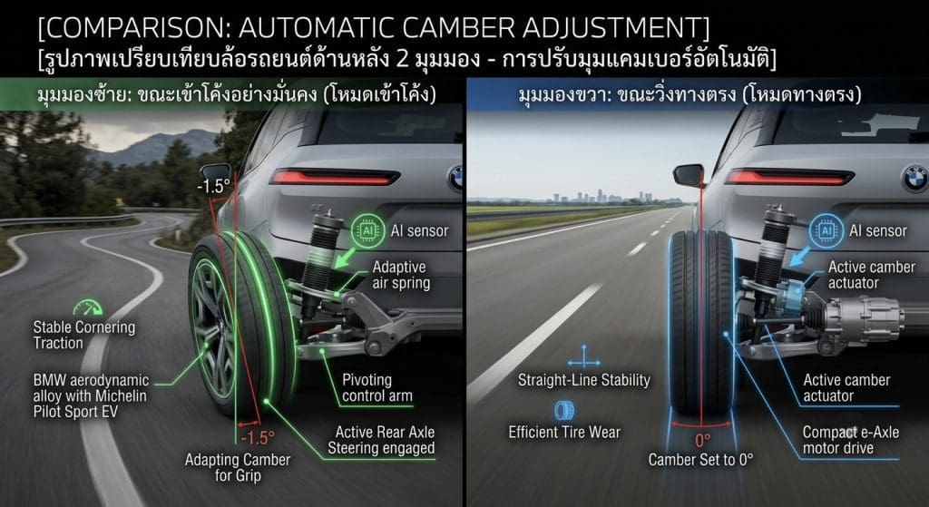 Side-by-side comparison of automatic camber adjustment: left shows -1.5° camber with adaptive air spring; right shows straight-line stability with zero camber and actuators.