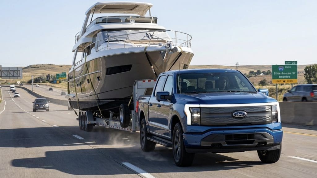 Blue Ford pickup towing a large yacht on a highway, on a multi-axle trailer in clear weather.