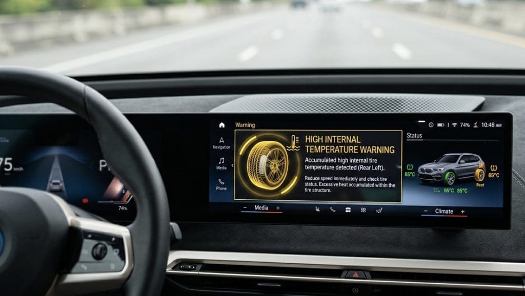 Car dashboard with a digital warning screen reading'High Internal Temperature Warning' and a car icon on the right panel.
