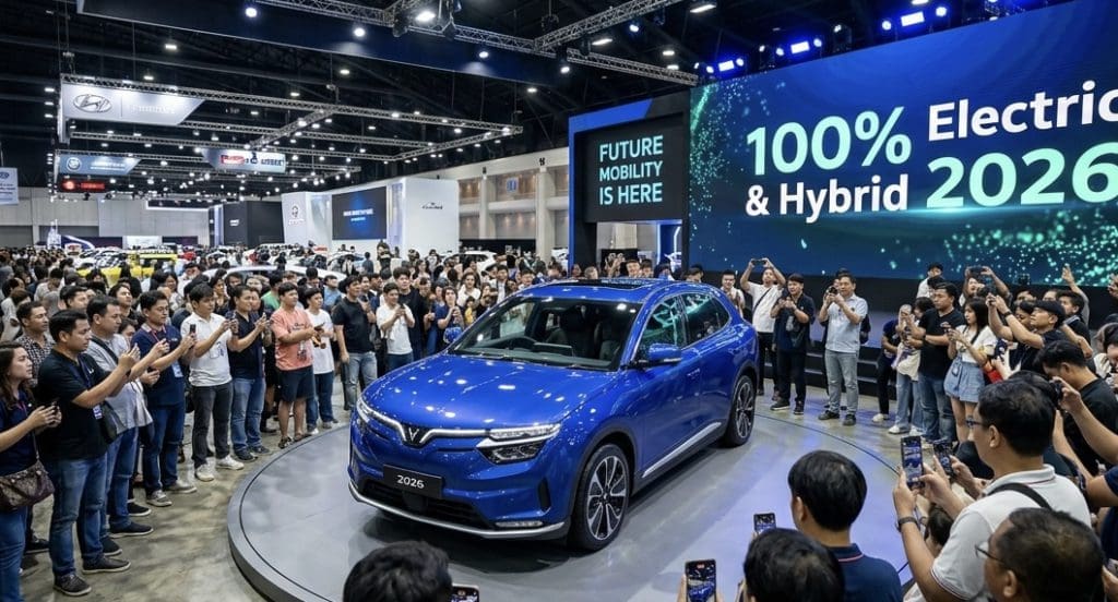 Img3317 | ยางรถยนต์ ราคาอัปเดต 2026 ครบทุกยี่ห้อ รวมยาง Ev | Autotirechecking Blue electric SUV on a circular display pad, surrounded by a crowd at a car show, with a large screen that says '100% Electric & Hybrid 2026'.