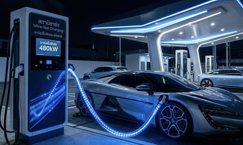 Img3318 | ยางรถยนต์ ราคาอัปเดต 2026 ครบทุกยี่ห้อ รวมยาง Ev | Autotirechecking Silver sports car plugged into a blue-lit ultra-fast EV charger at a futuristic charging station, nighttime setting.