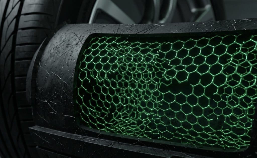 Img3345 | ยางรถยนต์ ราคาอัปเดต 2026 ครบทุกยี่ห้อ รวมยาง Ev | Autotirechecking Close-up of a car's front grille with a green honeycomb mesh and a tire in the background, focusing on texture.