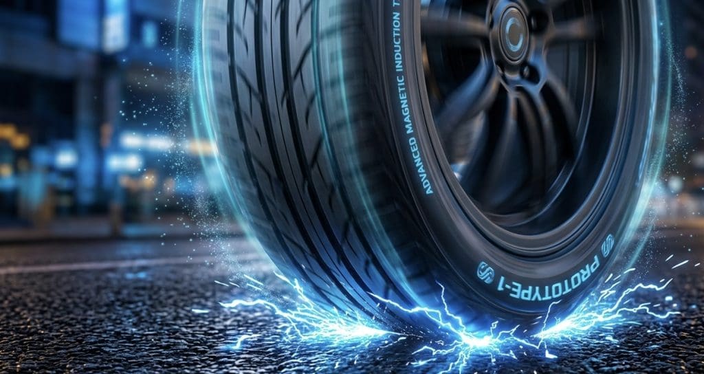 Img3453 | ยางรถยนต์ ราคาอัปเดต 2026 ครบทุกยี่ห้อ รวมยาง Ev | Autotirechecking Tire spinning on a wet road with electric-blue glow and sparks suggesting high-performance or electric vehicle technology