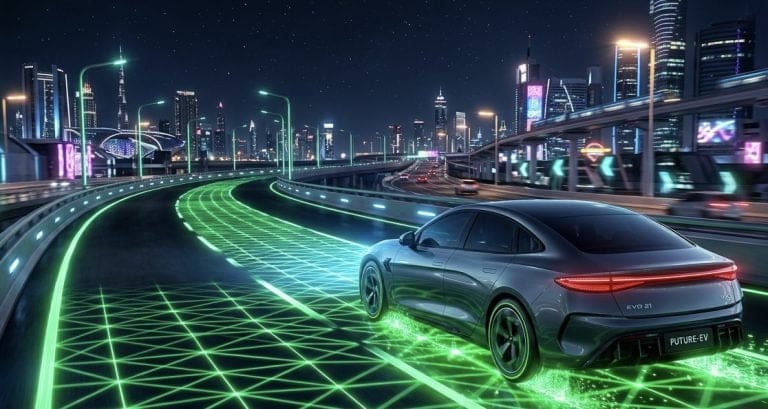 Silver futuristic electric car on a neon-lit highway at night, with glowing green grid lines and a city skyline in the background.