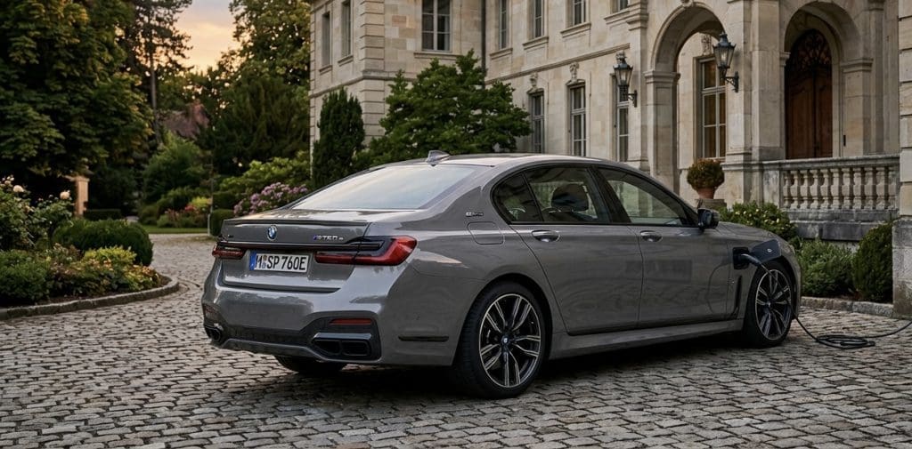 Grey BMW sedan plugged in to charge on a cobblestone driveway in front of a historic estate and gardens.