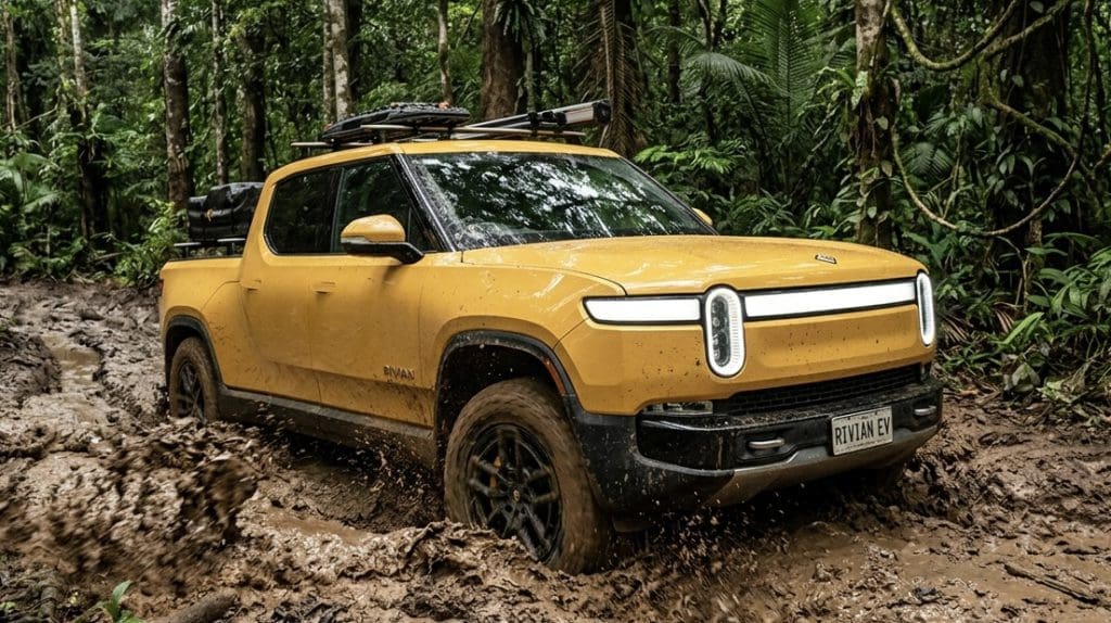 Img3499 | ยางรถยนต์ ราคาอัปเดต 2026 ครบทุกยี่ห้อ รวมยาง Ev | Autotirechecking Yellow Rivian pickup driving through a muddy forest trail with a roof rack and muddy tires (off-road scene).