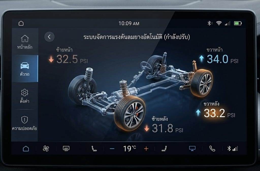 Img3500 | ยางรถยนต์ ราคาอัปเดต 2026 ครบทุกยี่ห้อ รวมยาง Ev | Autotirechecking Infotainment screen showing a 3D car chassis with tire pressures: FL 32.5 PSI, FR 34.0 PSI, RL 31.8 PSI, RR 33.2 PSI.