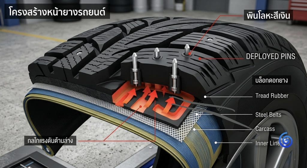 Img3535 | ยางรถยนต์ ราคาอัปเดต 2026 ครบทุกยี่ห้อ รวมยาง Ev | Autotirechecking Cross-section of a studded tire showing tread, deployed studs, steel belts, carcass, and inner liner.