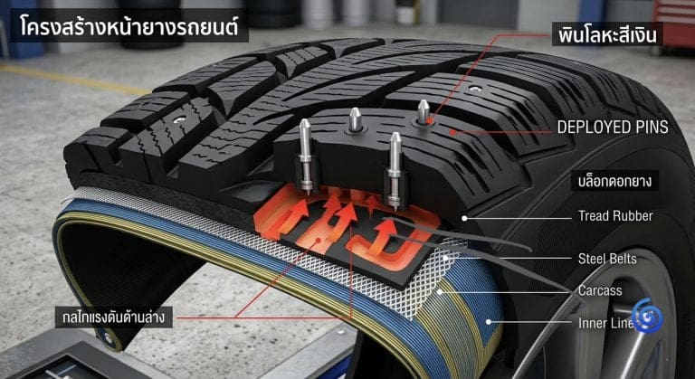Cross-section of a studded tire showing tread, deployed studs, steel belts, carcass, and inner liner.
