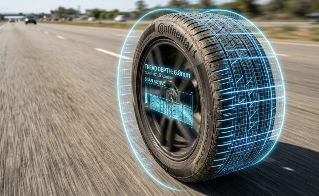 Img3540 | ยางรถยนต์ ราคาอัปเดต 2026 ครบทุกยี่ห้อ รวมยาง Ev | Autotirechecking Tire on a highway with a futuristic blue holographic readout showing tread depth 6.8 mm and diagnostic data from the tire sidewall (Continental).