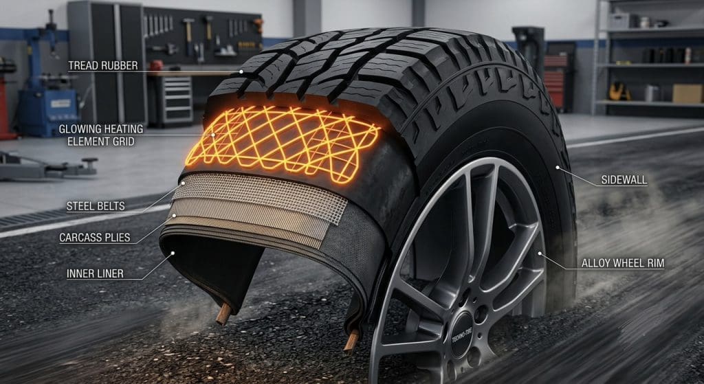 Img3594 | ยางรถยนต์ ราคาอัปเดต 2026 ครบทุกยี่ห้อ รวมยาง Ev | Autotirechecking Cross-section of a tire showing a glowing heating element grid, with labels for tread rubber, steel belts, carcass plies, inner liner, sidewall and alloy wheel rim