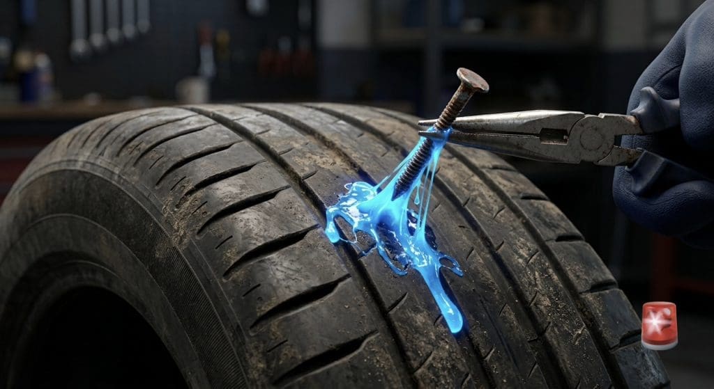 Img3596 | ยางรถยนต์ ราคาอัปเดต 2026 ครบทุกยี่ห้อ รวมยาง Ev | Autotirechecking Close-up of a damaged car tire with a nail being removed and blue sealant sealing the puncture.