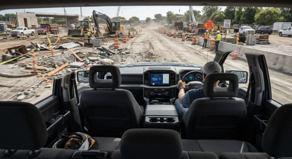 Img3601 | ยางรถยนต์ ราคาอัปเดต 2026 ครบทุกยี่ห้อ รวมยาง Ev | Autotirechecking View from the back seat of a pickup at an active construction site, with the dashboard in the foreground and heavy equipment ahead in a dusty work zone also lined with orange cones.