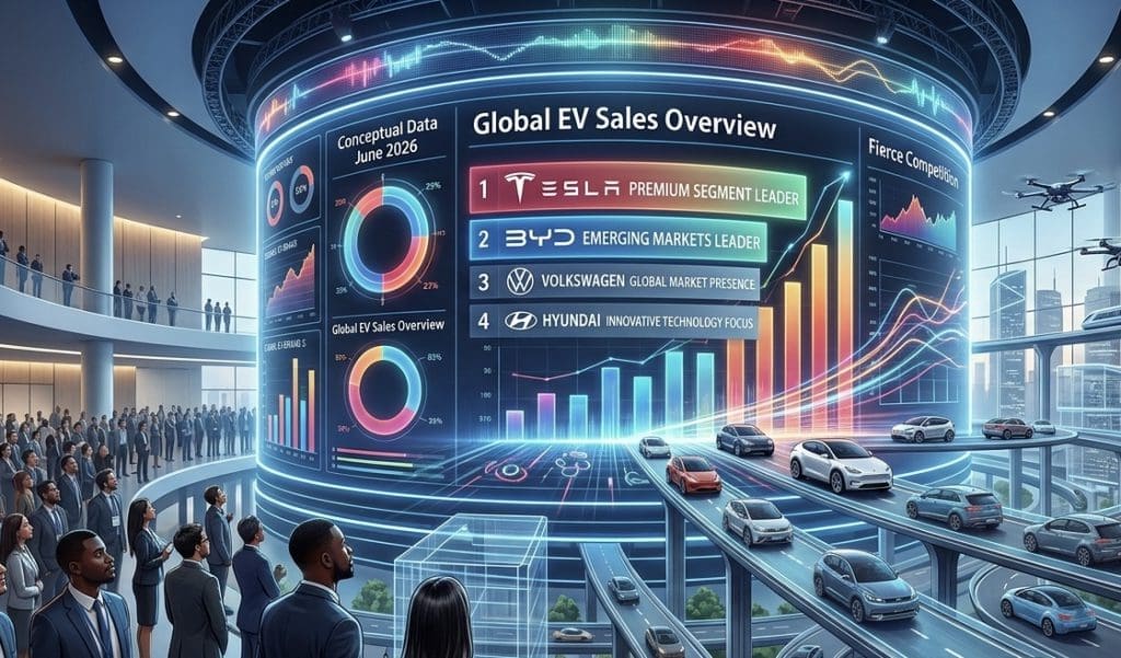 Img3602 | ยางรถยนต์ ราคาอัปเดต 2026 ครบทุกยี่ห้อ รวมยาง Ev | Autotirechecking Futuristic showroom with a wraparound screen titled'Global EV Sales Overview' showing top EV brands (Tesla, BYD, Volkswagen, Hyundai) and colorful charts, with people watching and cars moving on an elevated track.