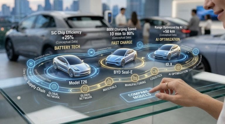 Futuristic holographic display showing three concept cars with AI optimization and battery/tech labels over a glass table with a showroom background.