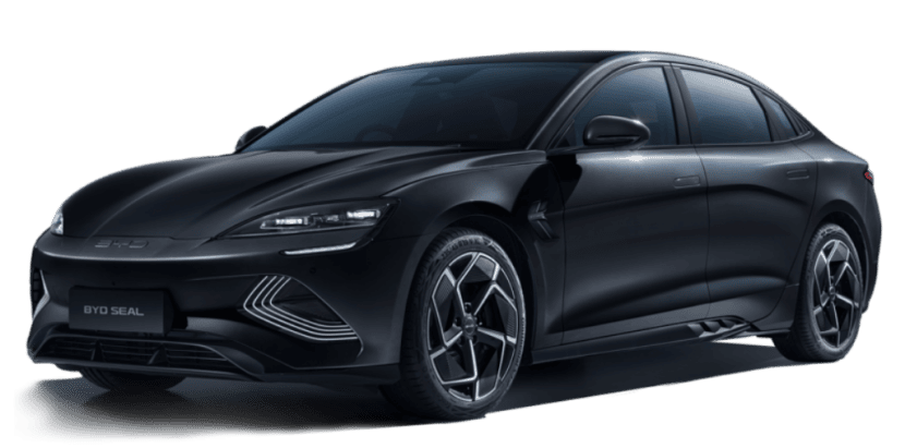 Img3605 | ยางรถยนต์ ราคาอัปเดต 2026 ครบทุกยี่ห้อ รวมยาง Ev | Autotirechecking Black BYD Seal electric sedan shown from a front-left three-quarter view, highlighting its sleek lines and alloy wheels.