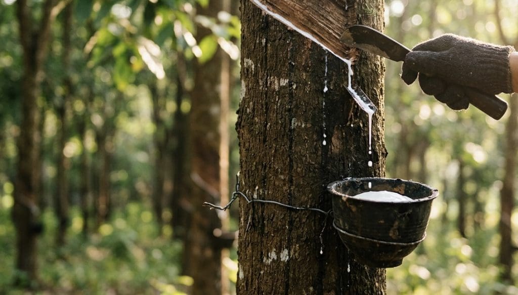 Img3617 | ยางรถยนต์ ราคาอัปเดต 2026 ครบทุกยี่ห้อ รวมยาง Ev | Autotirechecking Gloved hand taps a rubber tree, latex dripping into a hanging bucket in a forest.