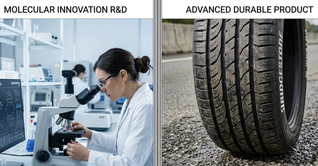 Img3618 | ยางรถยนต์ ราคาอัปเดต 2026 ครบทุกยี่ห้อ รวมยาง Ev | Autotirechecking Split image: a female scientist in a lab using a microscope beside a tire, signaling R&D and durable product.