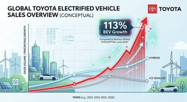 Conceptual infographic of Toyota electrified vehicle sales: 113% BEV growth, with hybrids and ICE lines over 2023–2026.